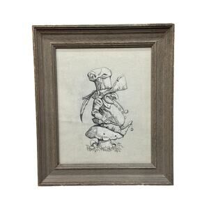 Graphite Pencil Art Gnome Mushroom Framed Woodland Fantasy Sketch 13.5”‎ whimsy
